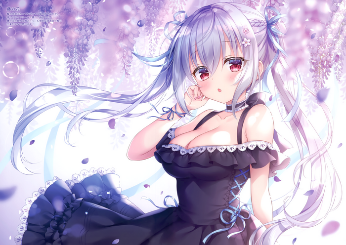 Anime girl with purple hair and wisteria flowers