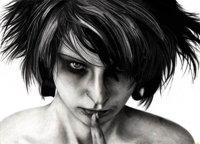 Monochrome portrait drawing of a woman
