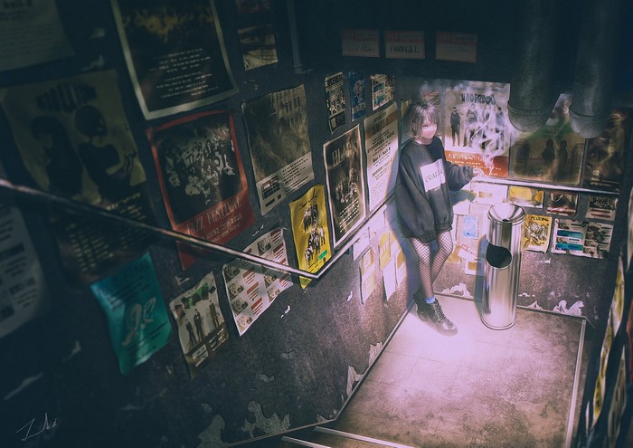 Anime girl smoking in a poster-covered hallway