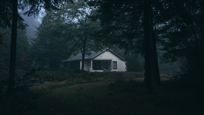 White cottage in a dark, misty forest