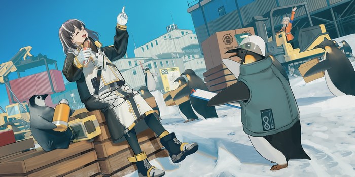 Mayer from Arknights with penguins in Antarctica