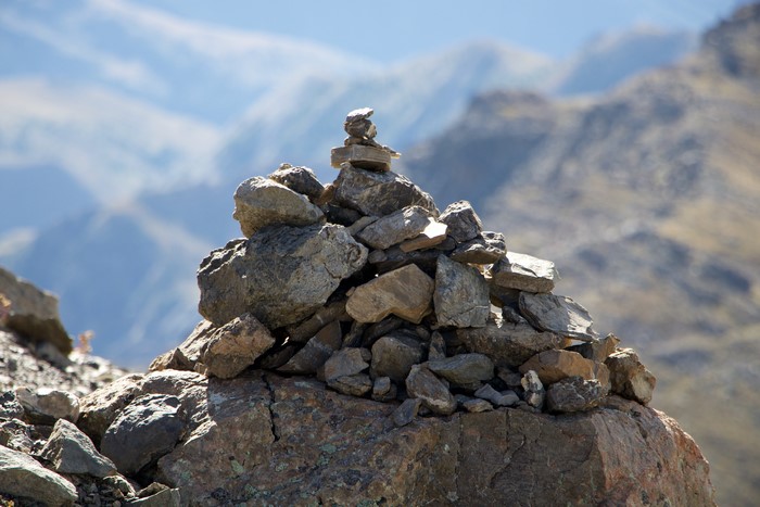 Cairns on a rocky mountain peak