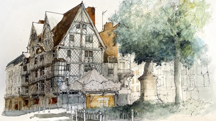 Sketch of historic buildings and a carousel with a tree