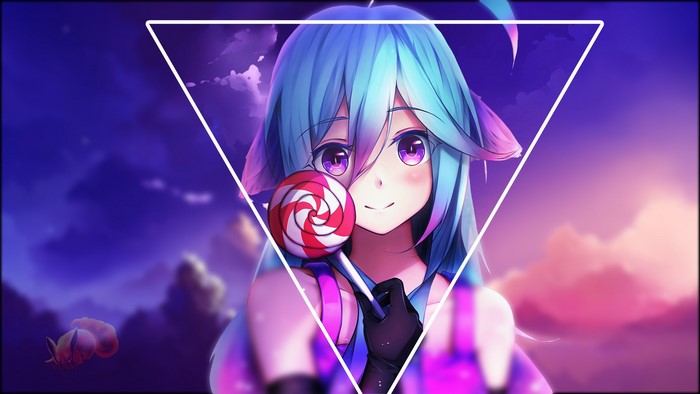 Anime girl with blue hair holding a lollipop