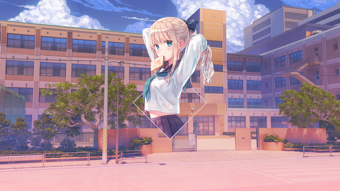 Anime girl in school uniform eating toast in front of school