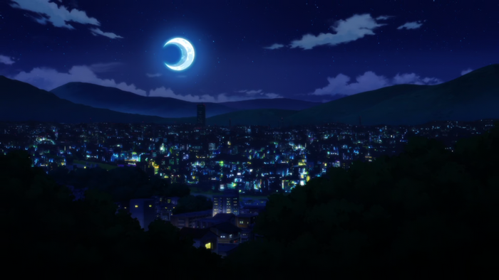 Anime cityscape at night with crescent moon