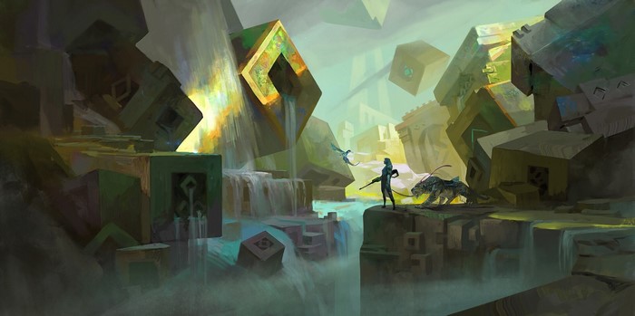 Fantasy ruins with waterfalls and floating cubes