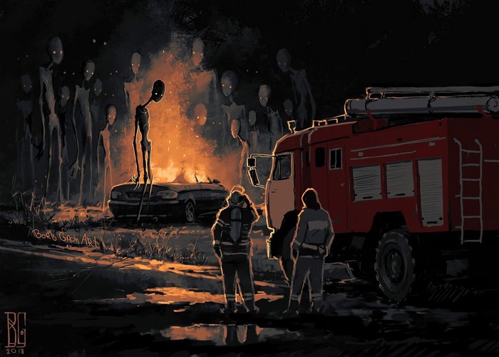 Creatures and firefighters at a car fire at night