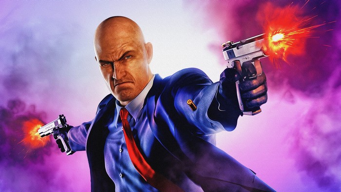 Agent 47 from Hitman firing two pistols