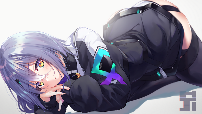 Anime girl with purple hair and orange eyes