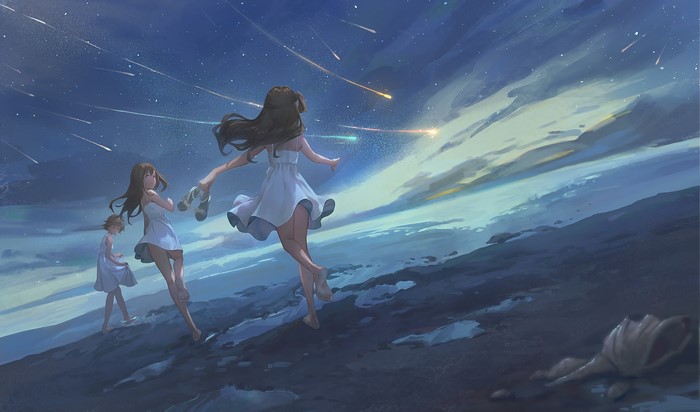 Anime girls in white dresses watching shooting stars