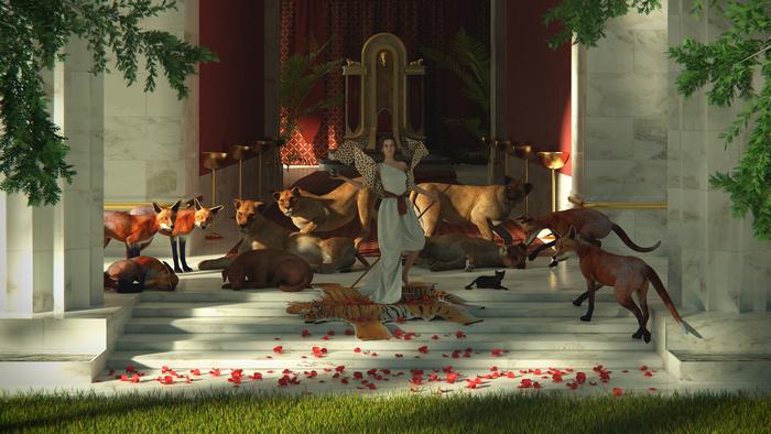 Woman with lions and foxes in ancient palace