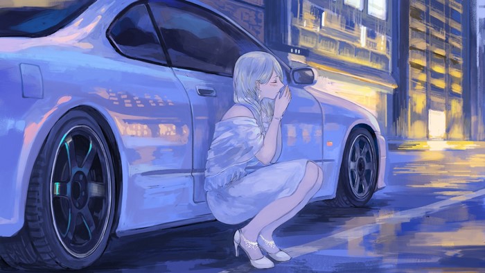 Girl in white dress by a car at night