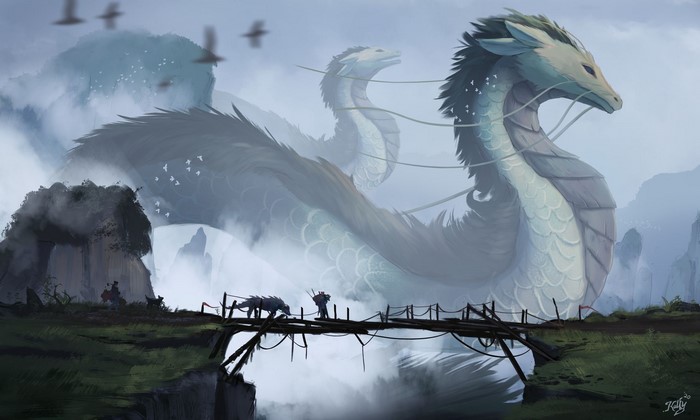 Giant Dragons in Misty Mountains with People on Bridge