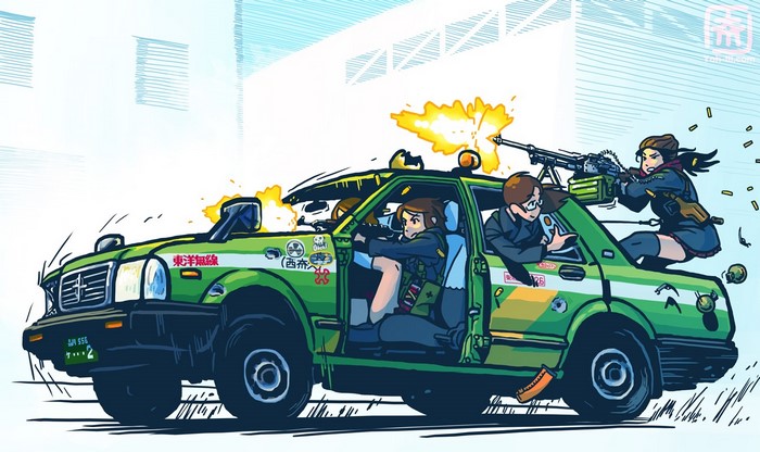 Anime girls in a green car firing machine guns