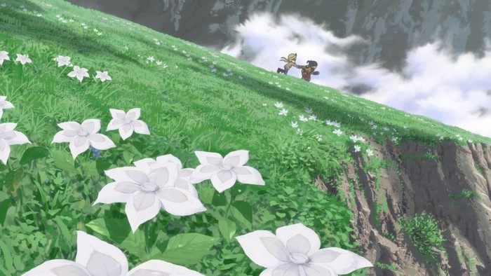 Two characters running on a grassy hill with flowers