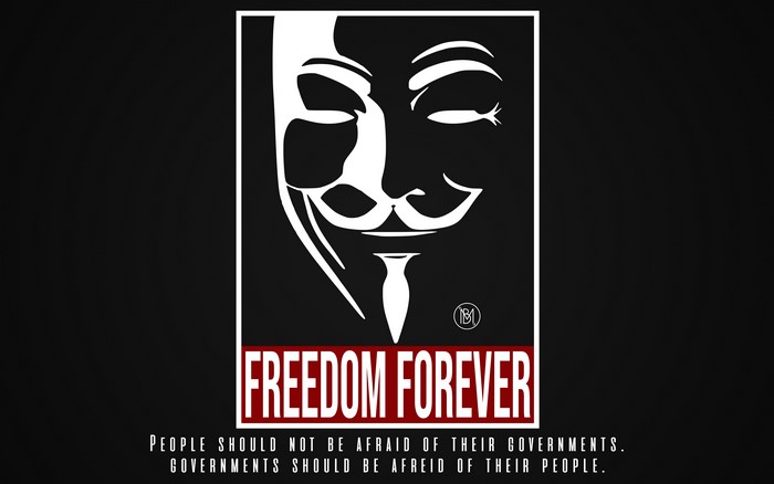 Guy Fawkes mask with "FREEDOM FOREVER" text
