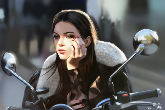 4K digital painting of Kendall Jenner on a motorcycle