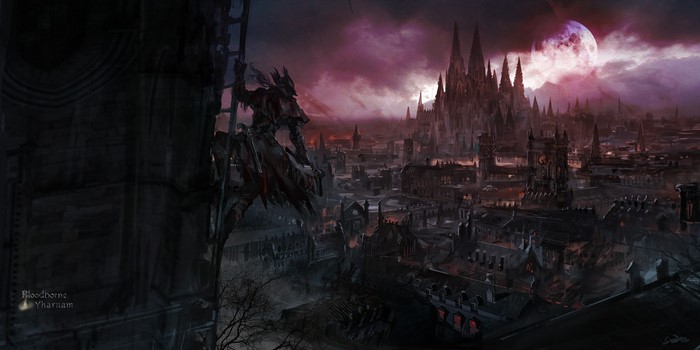 Hunter from Bloodborne overlooking Yharnam