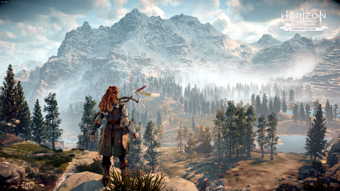 Aloy from Horizon Zero Dawn in a snowy mountain landscape