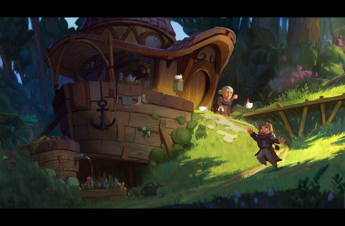 Fantasy forest scene with a whimsical house and characters
