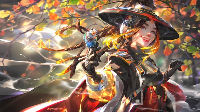 Fantasy girl with a parrot in a sci-fi outfit