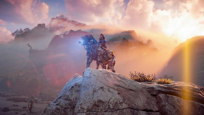 Aloy riding a mechanical creature in Horizon Zero Dawn