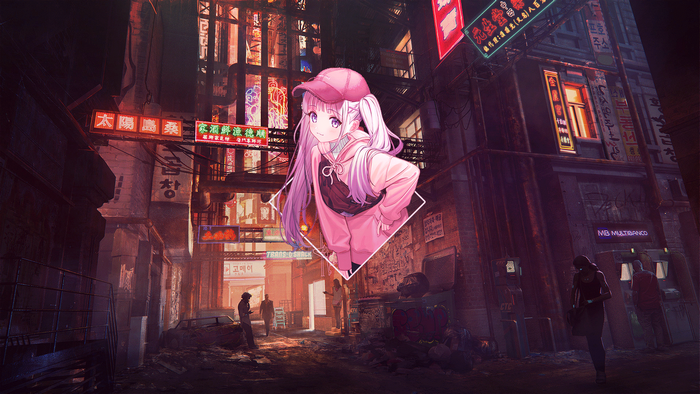 Anime girl in pink hoodie in cyberpunk alley