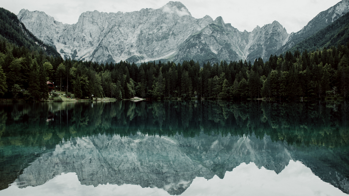 Mountain range reflected in a forest lake