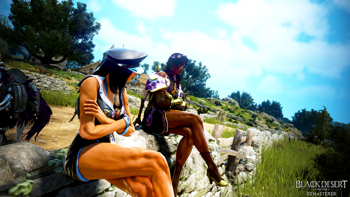 Two women sitting by a stone wall in Black Desert Online