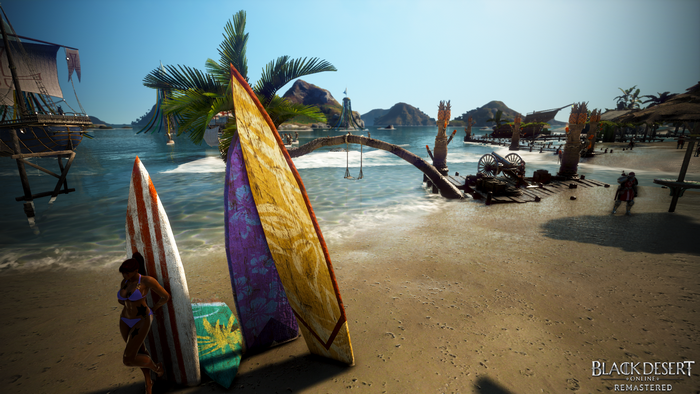Black Desert Online beach scene with surfboards