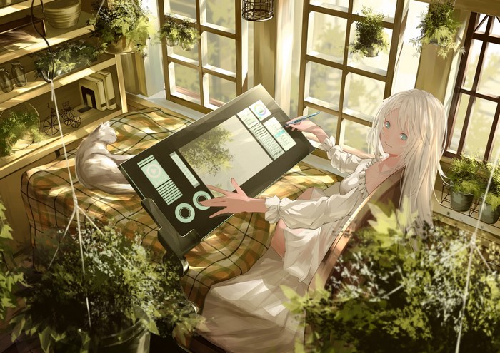 Anime girl with blonde hair and blue eyes drawing on a tablet with a cat