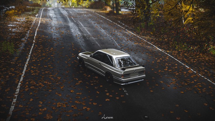 BMW M3 E30 on a leaf-covered road in Forza Horizon 4