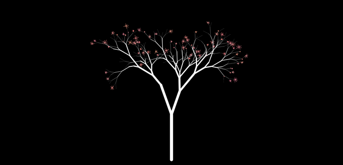 Minimalist white tree with pink flowers on black background