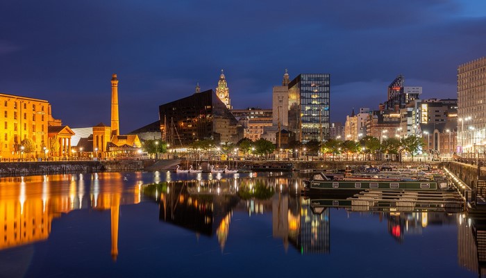 Liverpool waterfront skyline at night