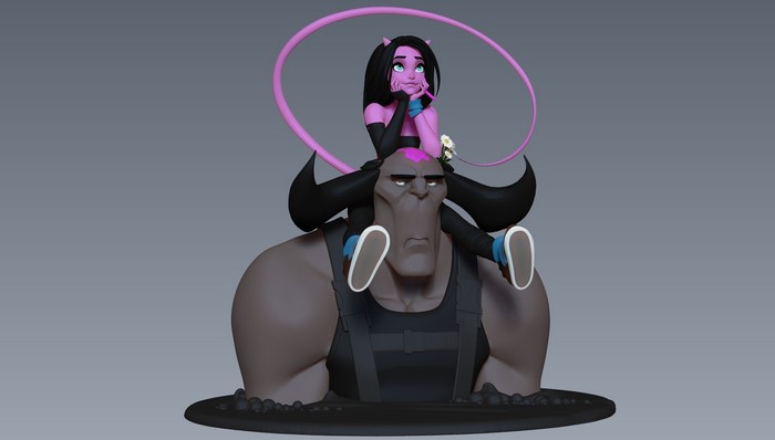 Fantasy girl riding on a muscular creature's shoulders