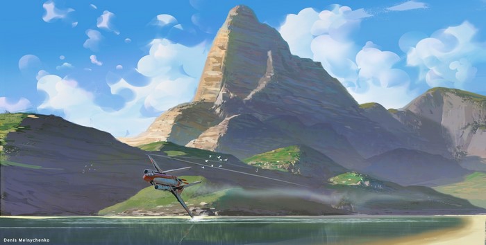 Airplane flying over water near mountains by Denis Melnychenko