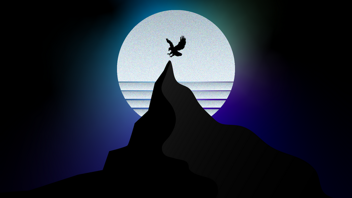 Eagle flying over mountain peak with synthwave moon