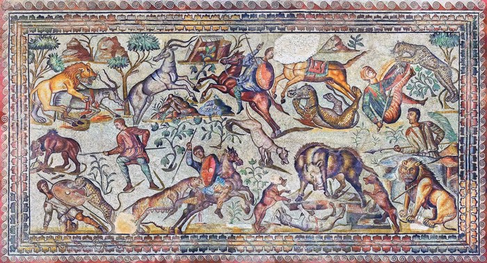 Roman mosaic hunting scene from Villa of La Olmeda