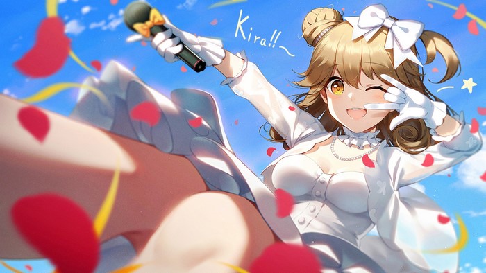 Anime girl in white dress holding microphone