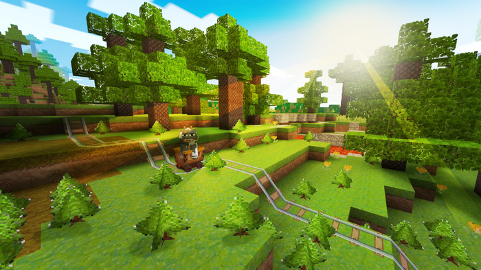 Minecraft-style landscape with a minecart and trees