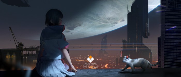 Anime girl and cat overlooking futuristic city