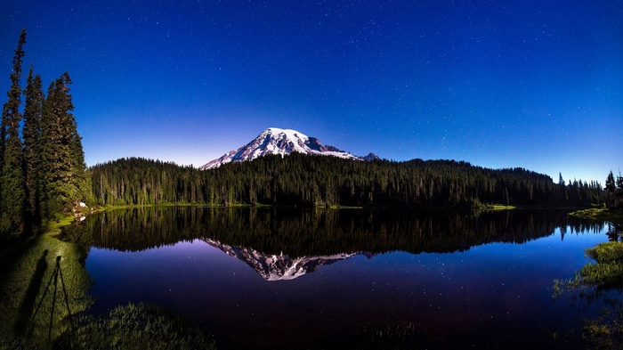 Mount Rainier reflected in a lake at night