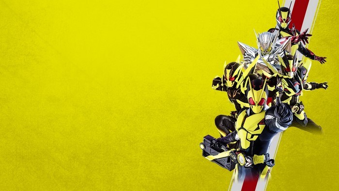 Kamen Rider Zero-One and allies on yellow background