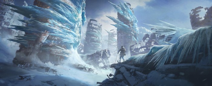 Fantasy art of a frozen, ruined city with a lone explorer