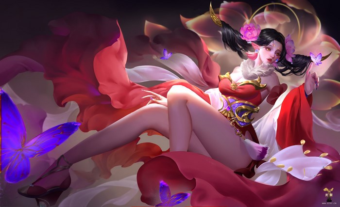 Fantasy girl with butterflies and flowers