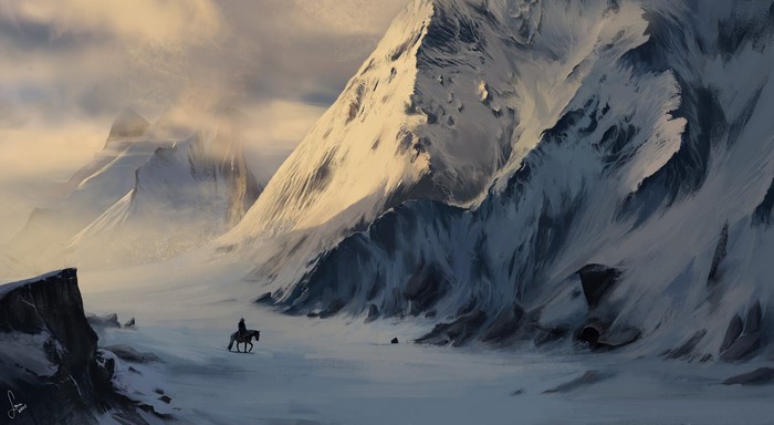Man on horse in snowy mountains with clouds