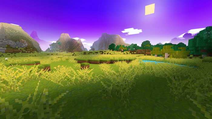 Pixel art video game landscape with mountains and a stream