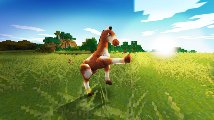 Pixel art horse in a grassy field with trees