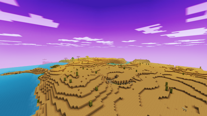 Minecraft desert landscape with ocean and purple sky